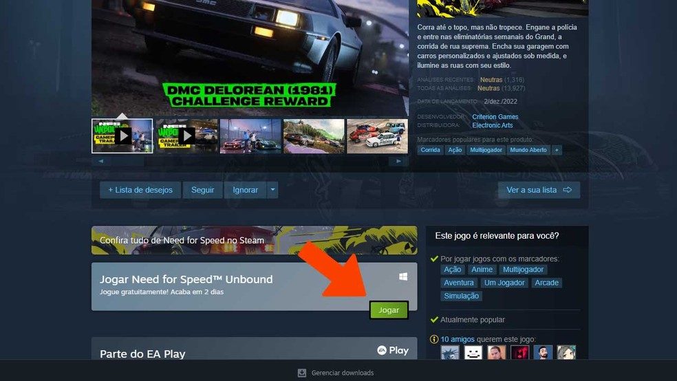 A página de Need for Speed Unbound traz logo no topo um botão para download gratuito por tempo limitado — Foto: Reprodução/Bruno Magalhães