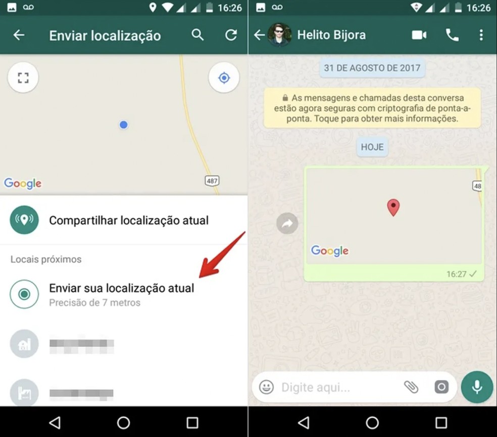 Como mandar localização fixa pelo WhatsApp — Foto: Reprodução/Helito Bijora
