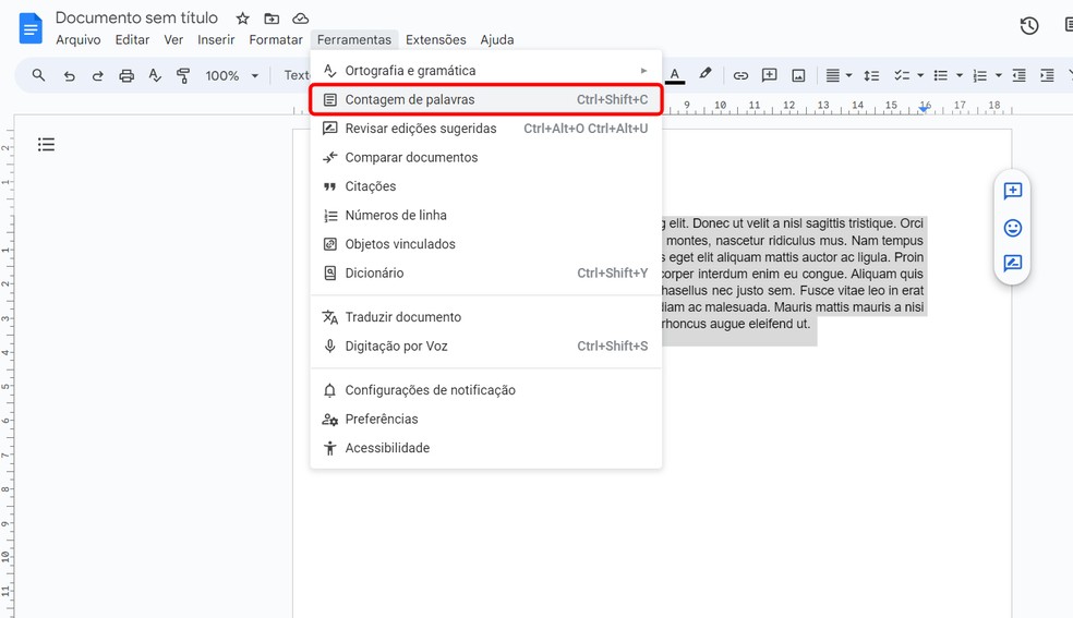 Contagem de palavras: saiba como acessar o contador de caracteres do Google Docs — Foto: Reprodução/Rodrigo Fernandes