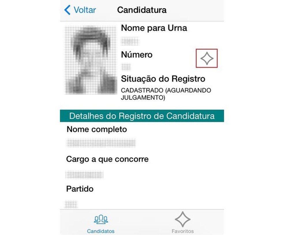 Apesar das poucas informações apresentadas no app, é possível 'favoritar' o candidato em uma lista à parte (Foto: Reprodução/Paulo Finott) — Foto: TechTudo