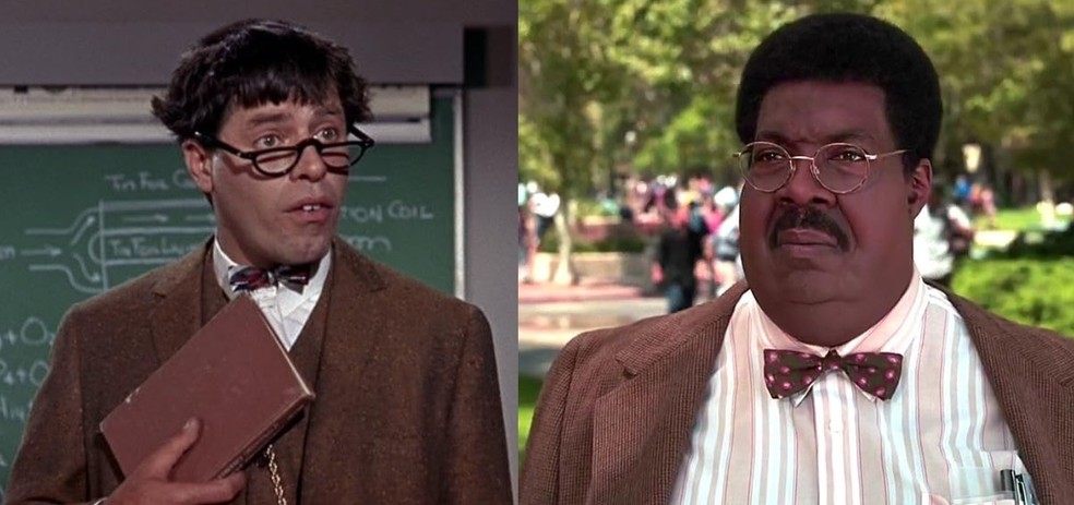 À esquerda, Jerry Lewis na versão de 1963 de O Professor Aloprado. À direita, Eddie Murphy na versão de 1996. — Foto: Reprodução/IMDb