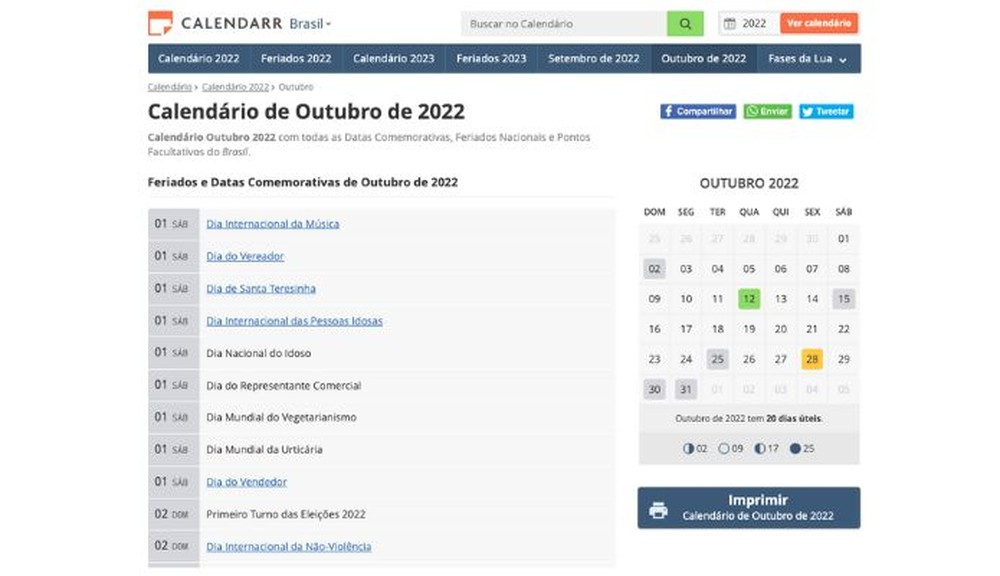 Feriados de outubro de 2022: veja sites de calendário para conferir