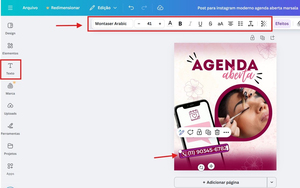 Faça edições no texto da imagem — Foto: Reprodução/Thaisi Carvalho