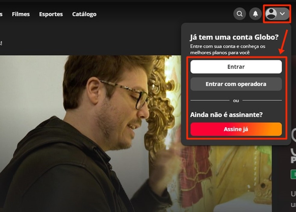 Após entrar no Globoplay, faça login ou assine um plano com SporTV ou Premiere — Foto: Reprodução/Gabriela Andrade