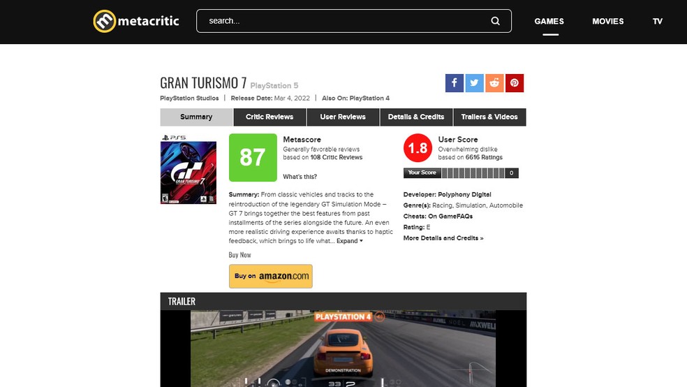 Gran Turismo 7 afunda-se no Metacritic