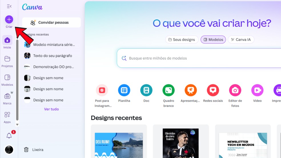 Clique em Criar no Canva — Foto: Reprodução/Eduardo Gomes