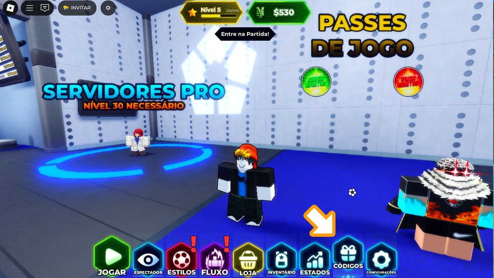 No Lobby de Blue Lock Rivals em Roblox selecione a opção "Códigos". É preciso estar pelo menos no nível 10 do jogo para resgata códigos — Foto: Reprodução/Rafael Monteiro