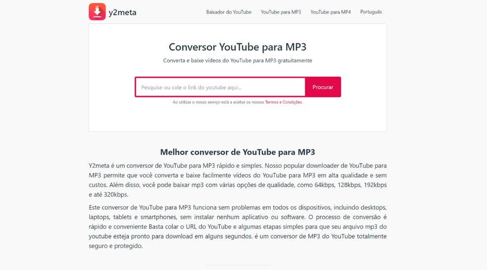 Y2meta promete baixar áudio de vídeo do YouTube em alta qualidade — Foto: Reprodução/Júlia Silveira