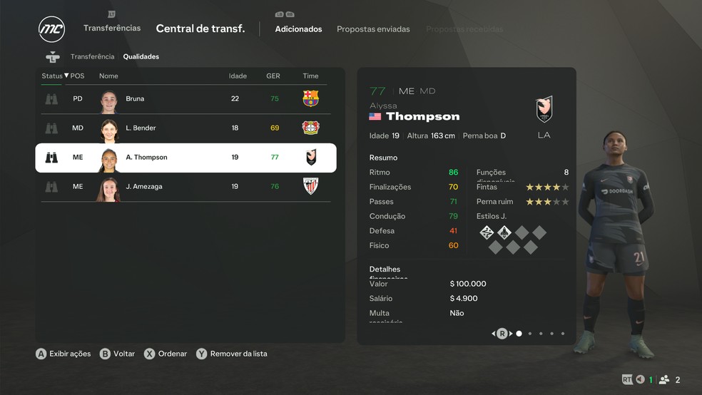 Alyssa Thompson, do Angel City, no Modo Carreira do EA FC 25 — Foto: Reprodução/Luccas Melo