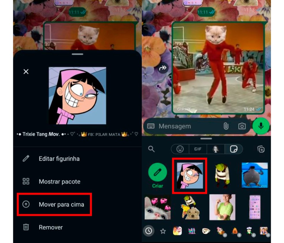 Botão "Mover para cima" permite trazer figurinhas mais usadas no WhatsApp para o alto da bandeja de stickers — Foto: Reprodução/Carolina Torres