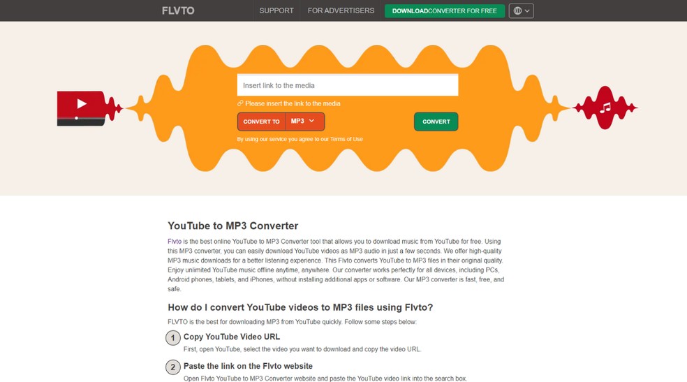 Flvto é um conversor de YouTube para MP3 que permite baixar áudios de vídeos gratuitamente — Foto: Reprodução/Júlia Silveira