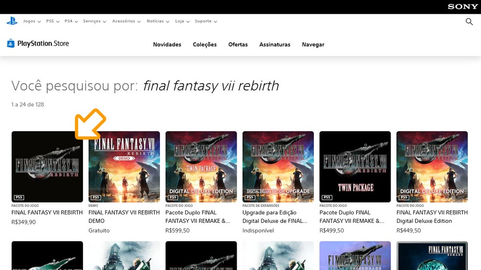 Na página de resultados da PS Store selecione Final Fantasy VII Rebirth — Foto: Reprodução/Rafael Monteiro