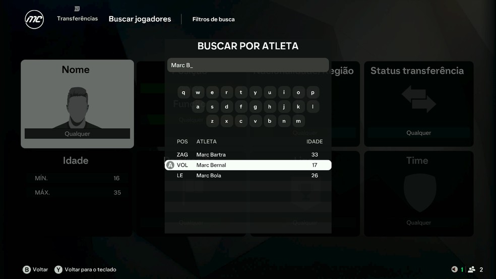 Utilize a função de busca de atletas para encontrar jovens promessas no EA FC 25 — Foto: Reprodução/Luccas Melo