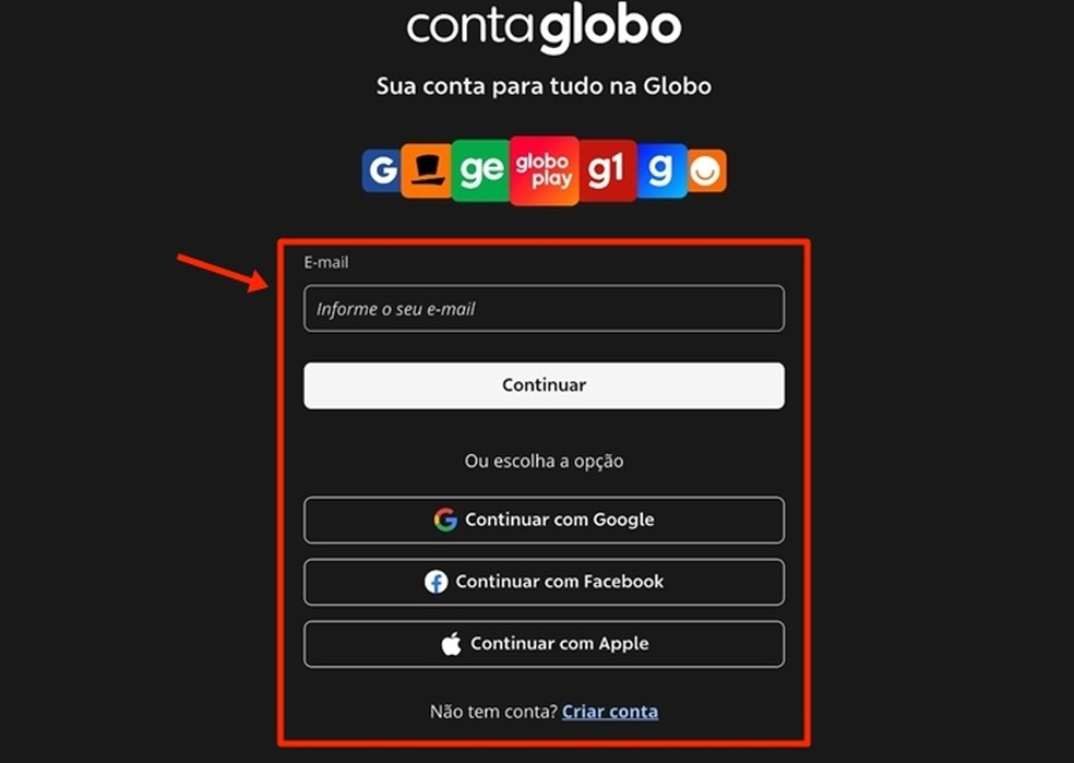 Login no Globoplay é feito com e-mail e senha ou reutilizando os dados de outras contas pessoais externas — Foto: Reprodução/Gabriela Andrade