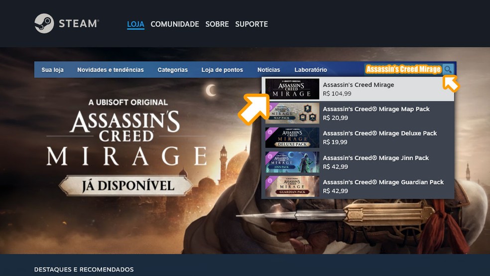 Acesse a loja digital Steam, procure no campo de busca por "Assassin’s Creed Mirage" e selecione o jogo entre os resultados — Foto: Reprodução/Rafael Monteiro