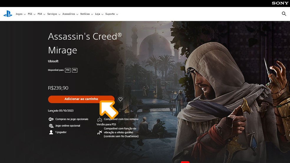 Na página de Assassin’s Creed Mirage na PS Store clique em "Adicionar ao carrinho" e complete a compra do jogo para poder baixá-lo em seu PS5 ou PS4 — Foto: Reprodução/Rafael Monteiro