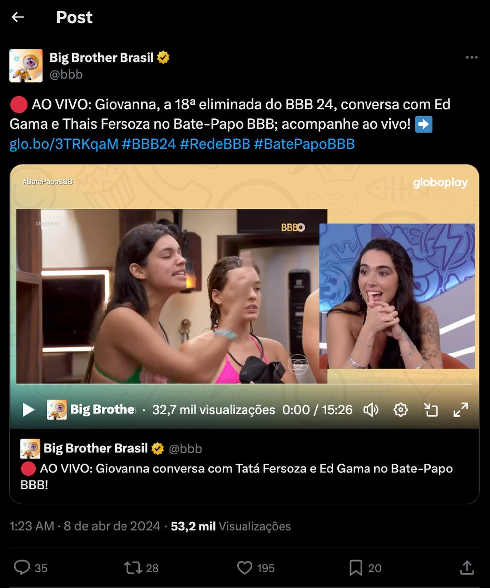 Busque pela publicação que indica a transmissão ao vivo do Bate-Papo BBB pela rede social (X). — Foto: Reprodução/Twitter