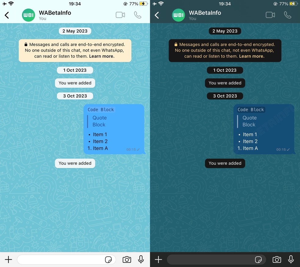 Prévia do recurso que permite customizar a cor do balão de mensagens do WhatsApp — Foto: Divulgação/WABetaInfo