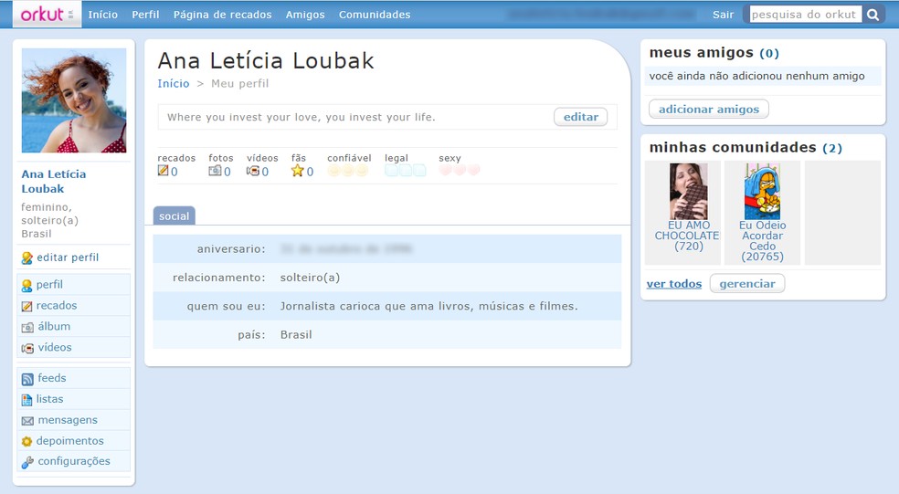 Página de perfil no Orkut — Foto: Reprodução/Ana Letícia Loubak