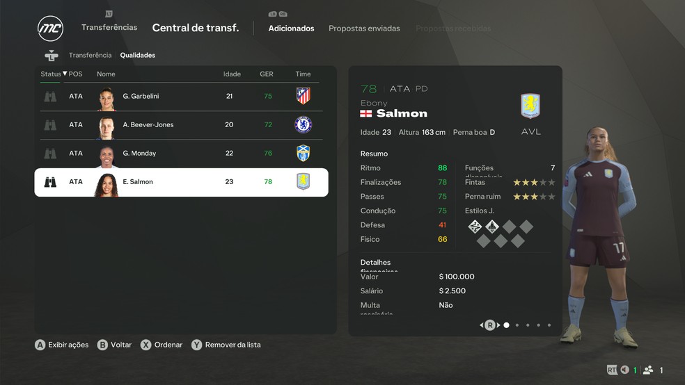 Ebony Salmon, do Aston Villa, no Modo Carreira do EA FC 25 — Foto: Reprodução/Luccas Melo