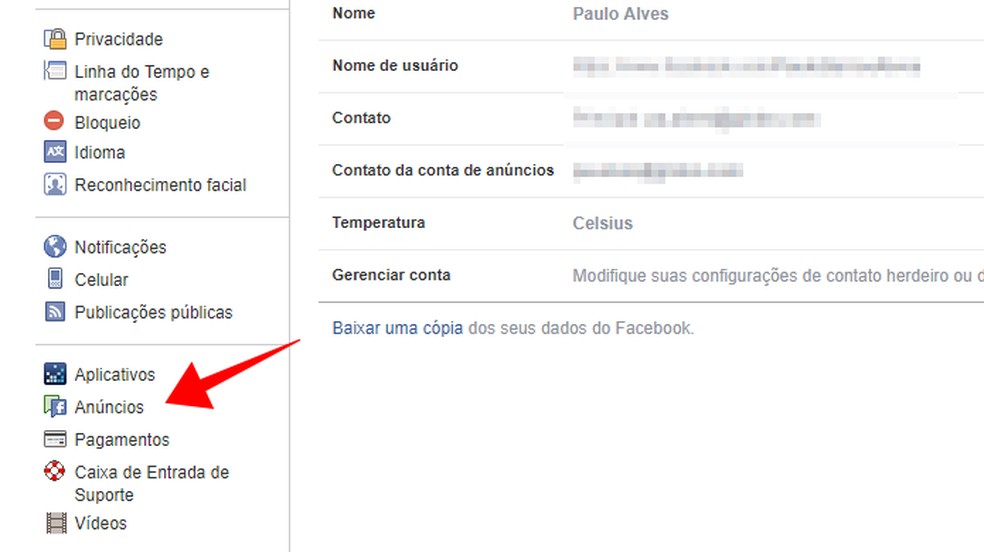 Acesse as configurações de anúncios do Facebook — Foto: Reprodução/Paulo Alves