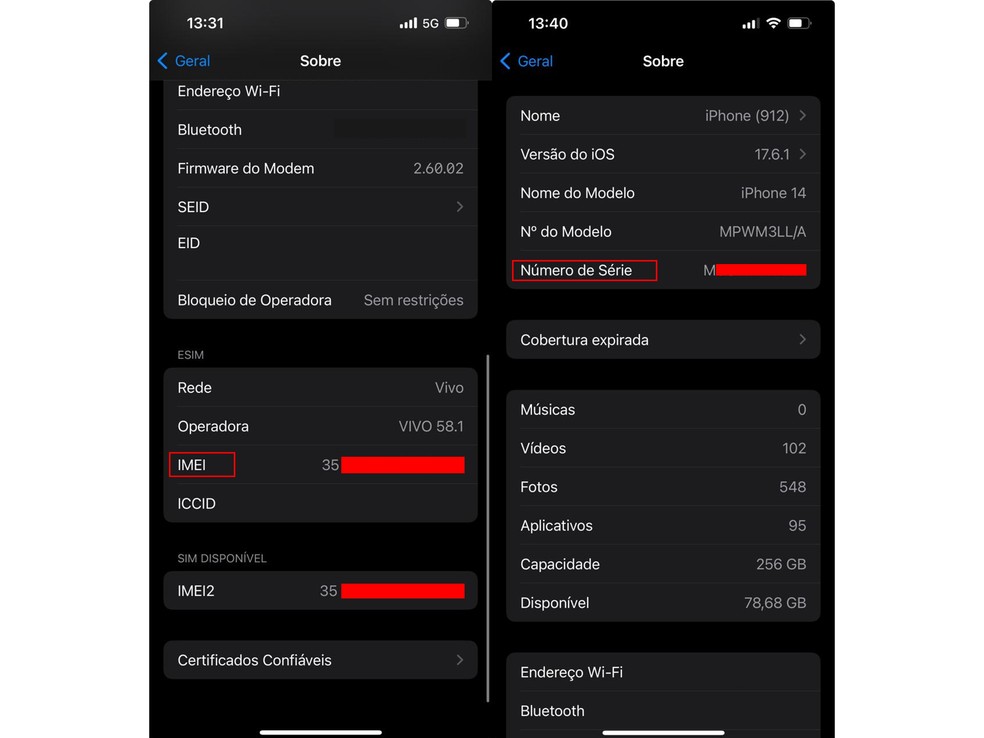 Consulta de IMEI e Número de Série do iPhone no Menu de Ajustes — Foto: Reprodução/Daniel Trefilio