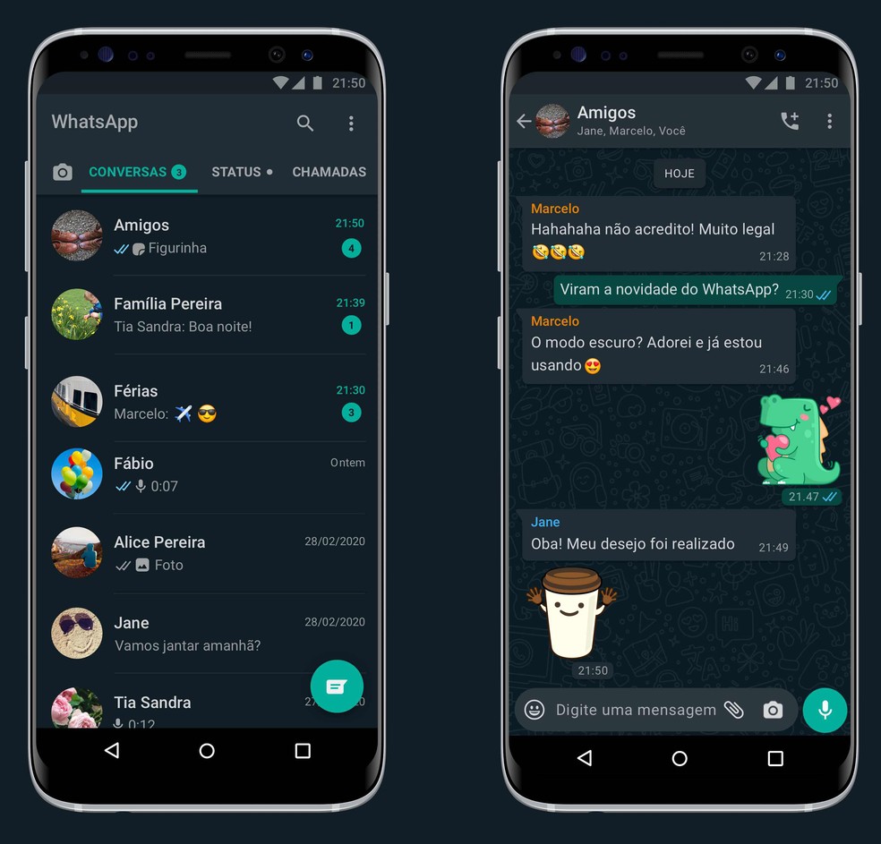 WhatsApp com modo escuro no Android — Foto: Divulgação/WhatsApp