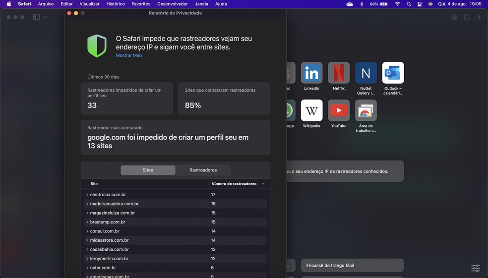 Relatório de privacidade apresenta histórico de rastreadores de dados bloqueados  pelo Safari — Foto: Reprodução/Caroline Silvestre