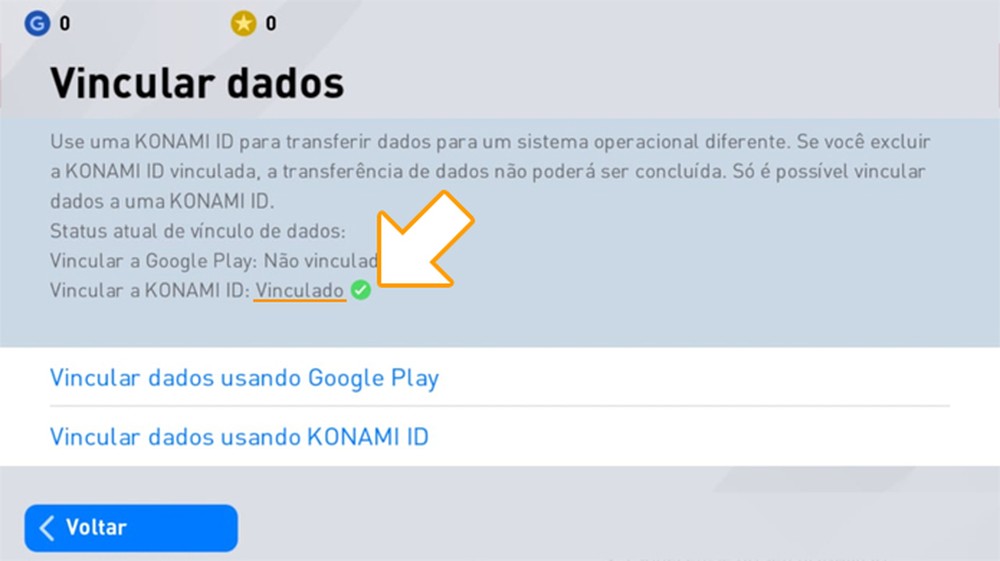 Como vincular dados da Konami ID no PES 2020 mobile