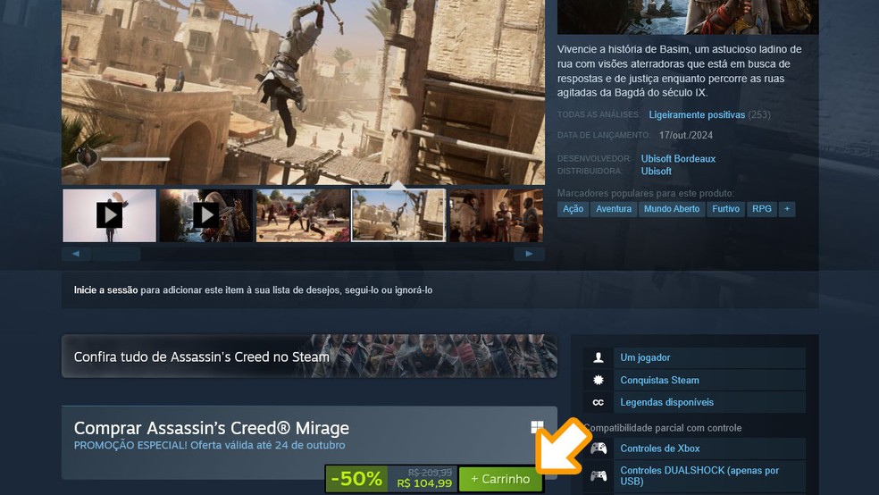 Na página de Assassin’s Creed Mirage no Steam clique no botão "+ Carrinho" abaixo das imagens, e complete a compra do jogo para poder baixá-lo em seu PC — Foto: Reprodução/Rafael Monteiro