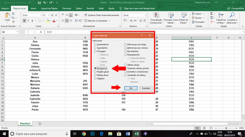 Como excluir linhas em branco no Excel