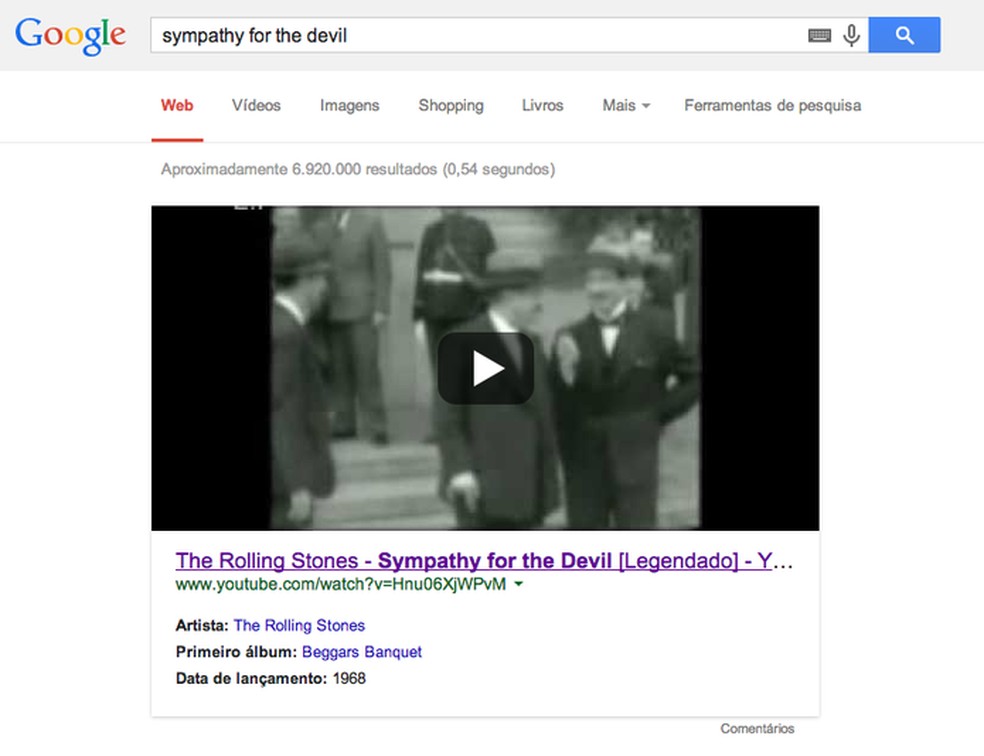 Busca por 'sympathy for the devil' mostra como resultado vídeo de fã no YouTube (Foto: Reprodução/YouTube) — Foto: TechTudo