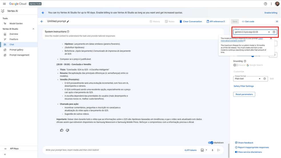 Selecione o modelo Gemini 2.0 Pro Experimental (build de 05/02/2025) no menu lateral da tela de prompts do Vertex AI — Foto: Reprodução/Vertex AI
