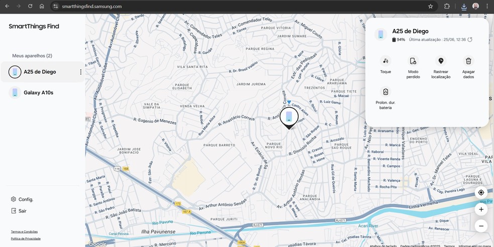 Veja a localização do seu Samsung no site SmartThings Find — Foto: Reprodução/Diego Cataldo