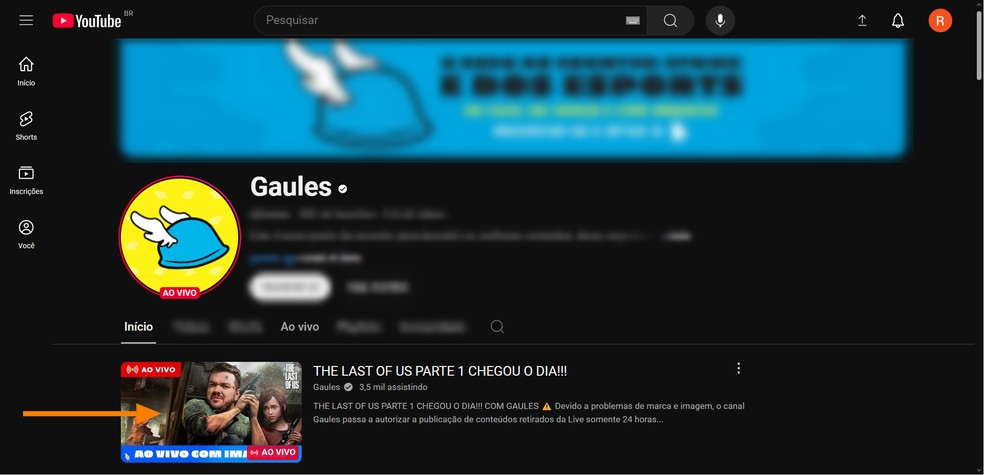 Acesse a transmissão na página inicial do canal — Foto: Reprodução/Róbson Martins