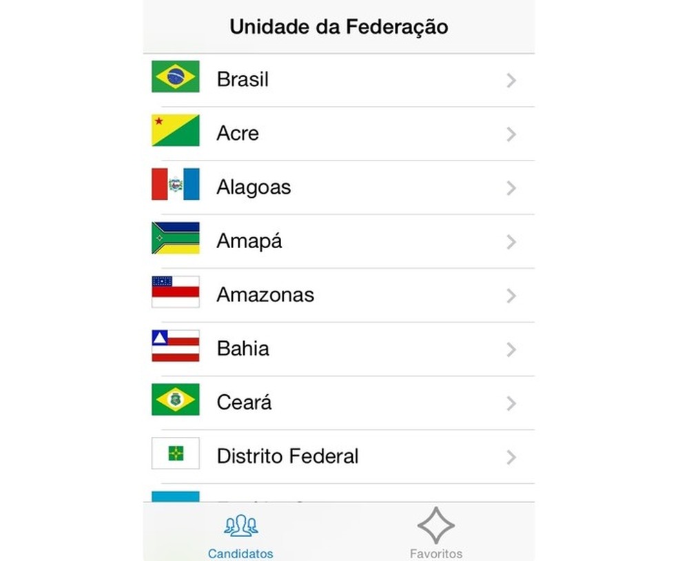 No app Candidaturas, é possível escolher qualquer Unidade da Federação para consultar seus candidatos (Foto: Reprodução/Paulo Finotti) — Foto: TechTudo