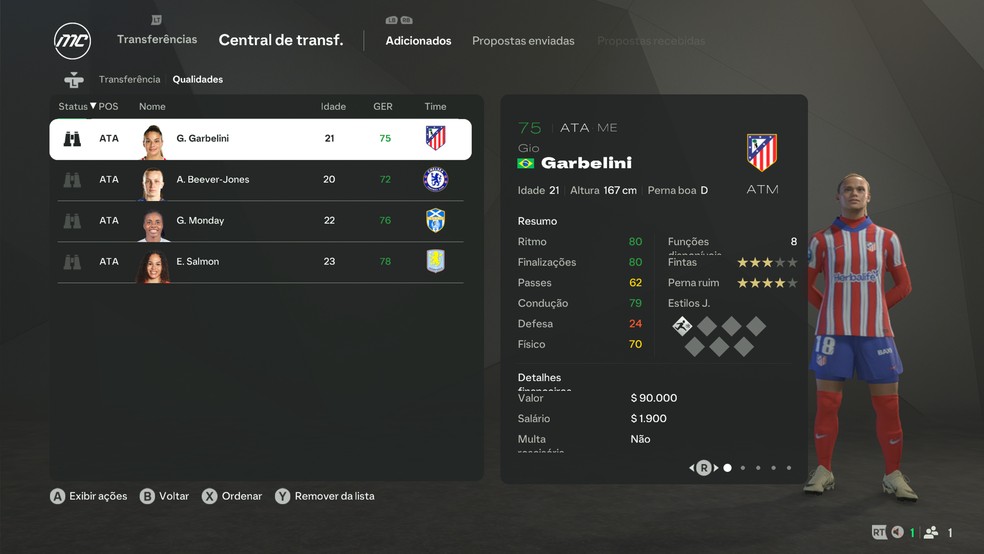 Gio Garbelini, do Atlético de Madrid, no Modo Carreira do EA FC 25 — Foto: Reprodução/Luccas Melo