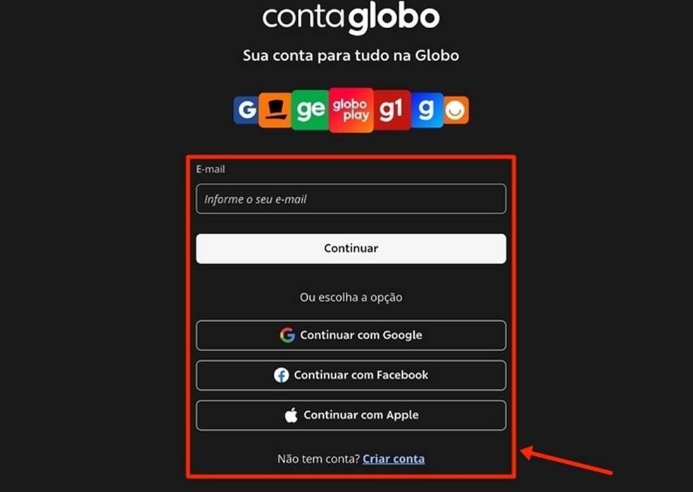 Login poder ser feito com seus dados cadastrados na Conta Globo ou vinculando informações de outras contas pessoais — Foto: Reprodução/Gabriela Andrade