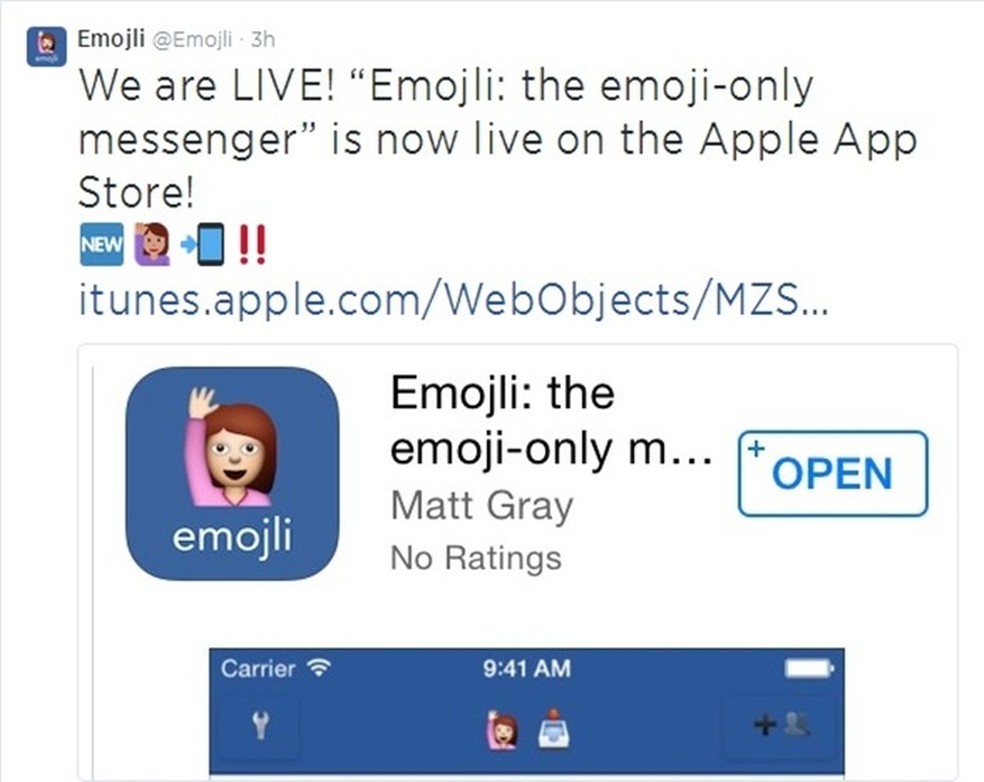 Lançamento do Emojili foi divulgado por Twitter e e-mail (Foto: Reprodução/Twitter) — Foto: TechTudo