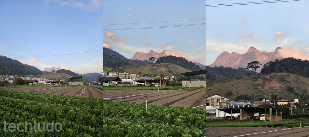 Foto de montanha sem zoom, com zoom de 2x e zoom de 4x tirada com o Galaxy Z Flip 5 — Foto: Ana Letícia Loubak/TechTudo
