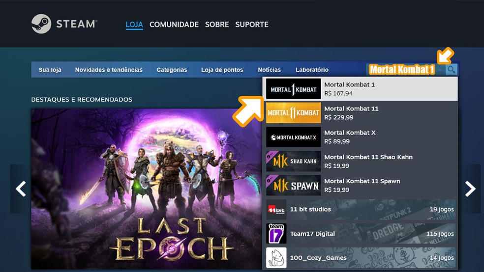 Acesse a loja digital Steam, procure por "Mortal Kombat 1" e selecione o jogo base entre os resultados — Foto: Reprodução/Rafael Monteiro