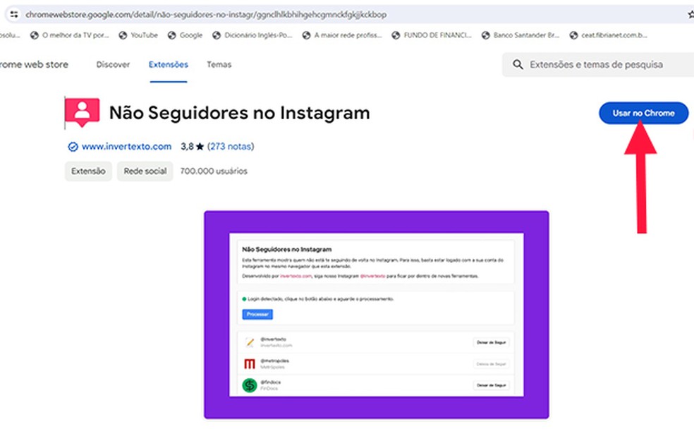 Ação para instalar extensão Não seguidores no Instagram no Chrome — Foto: Reprodução/Marcela Franco