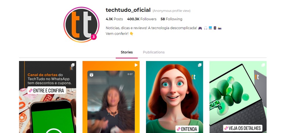 Insta Stories Viewer permite visualizar Stories e publicações de perfis abertos do Instagram anonimamente — Foto: Reprodução/Insta Stories Viewer