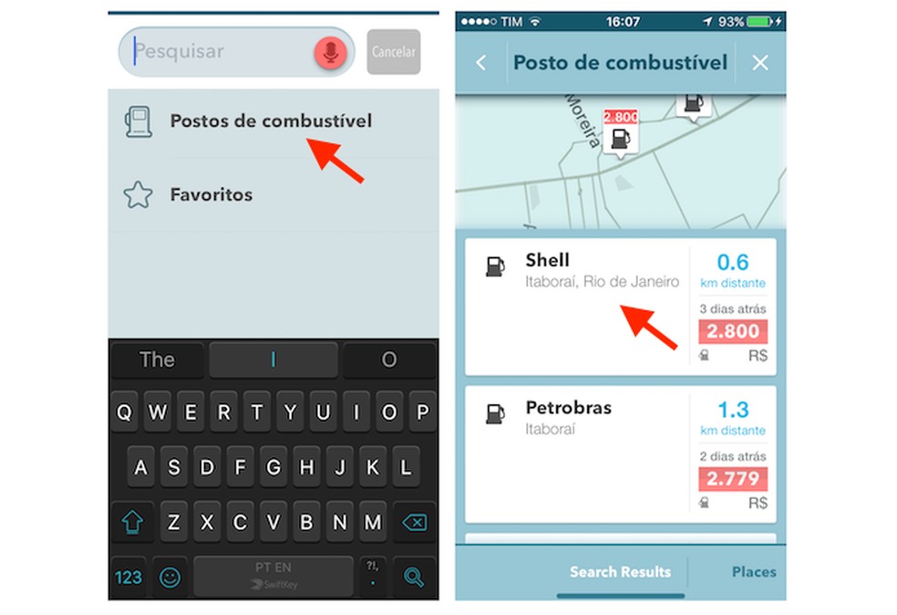 Visualizando postos de combustível próximos a localização atual do usuário do Waze no iPhone (Foto: Reprodução/Marvin Costa) — Foto: TechTudo