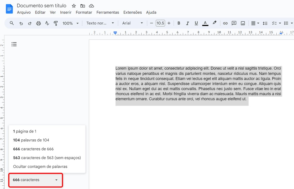 Usuário pode ativar contador de caracteres na tela do Google Docs — Foto: Reprodução/Rodrigo Fernandes