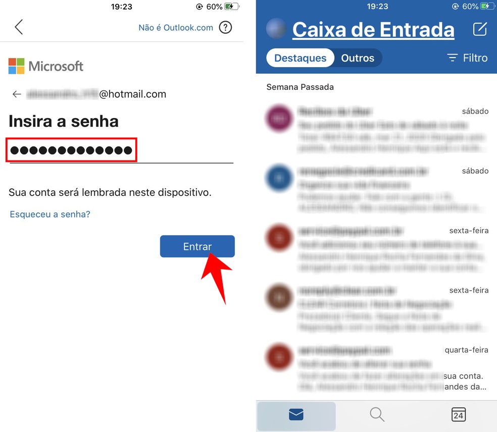 Acessando o Hotmail pelo app do Outlook — Foto: Reprodução/Rodrigo Fernandes