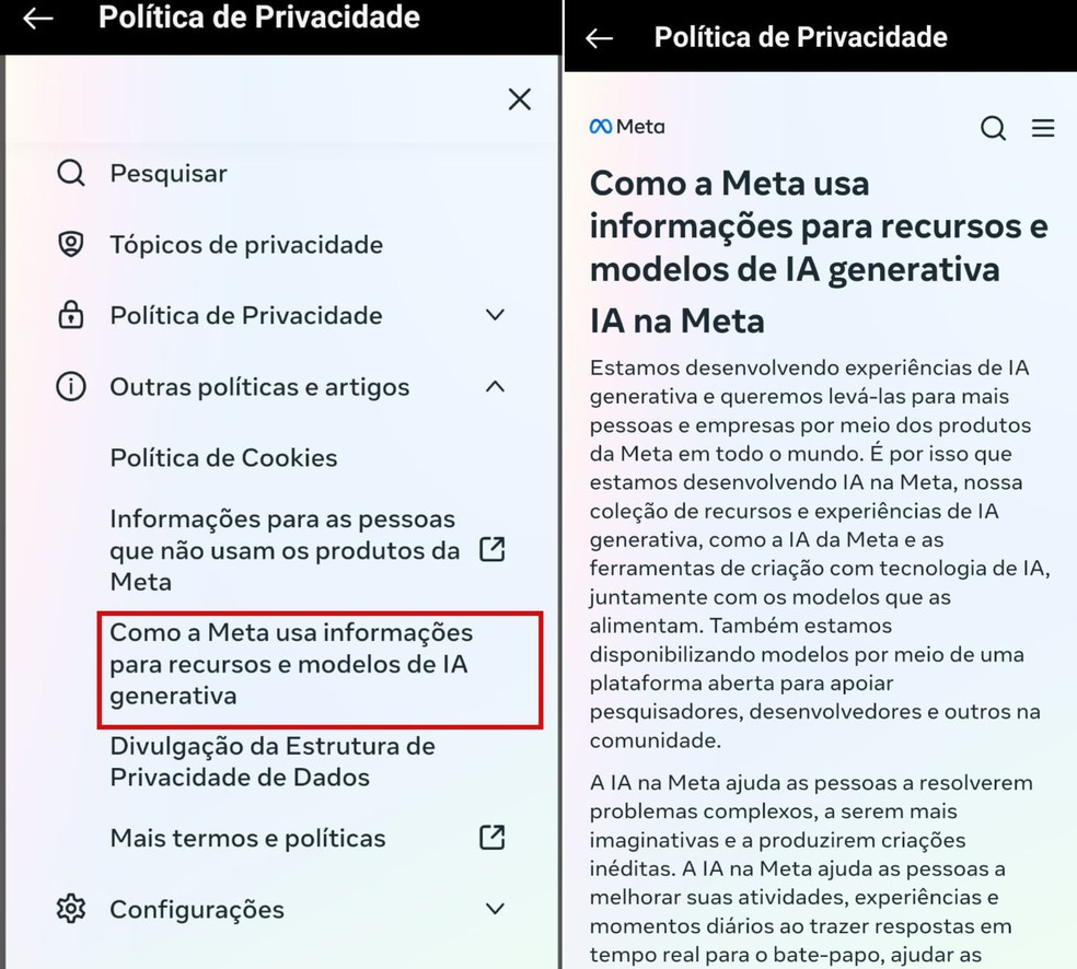 Aba "Como a Meta usa informações para recursos e modelos de IA generativa" permite se opor à coleta de dados no Instagram — Foto: Beatriz Abilio/TechTudo