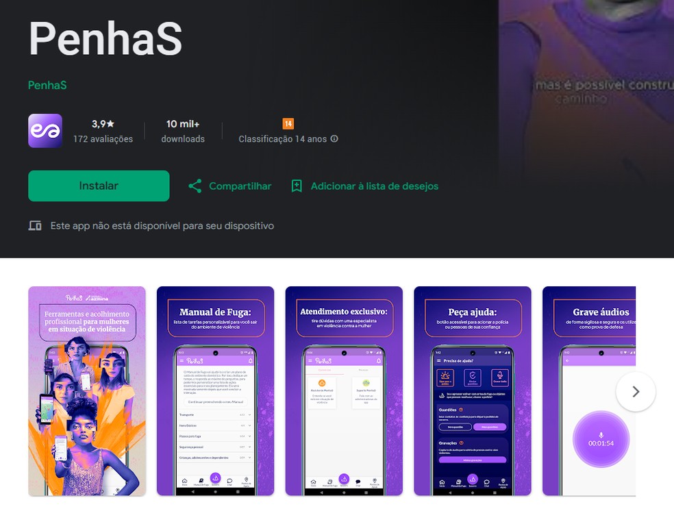 : O PenhaS, do Instituto AzMina, tem alcance nacional e inclui o Manual de Fuga, com 130 orientações práticas para mulheres em situação de violência — Foto: Reprodução/Google Play Store