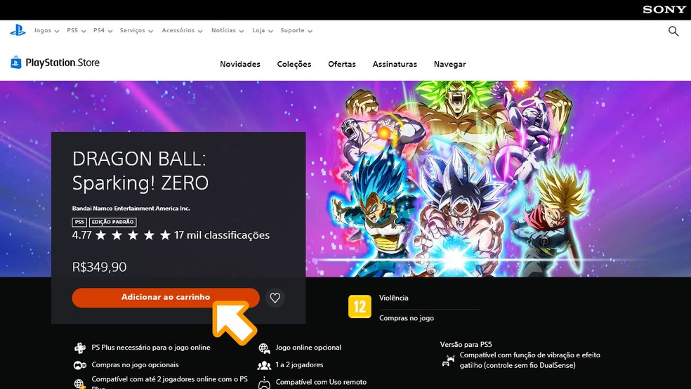 Na página de Dragon Ball Sparking! Zero na PlayStation Store complete sua compra para fazer download do game em seu PS5 — Foto: Reprodução/Rafael Monteiro