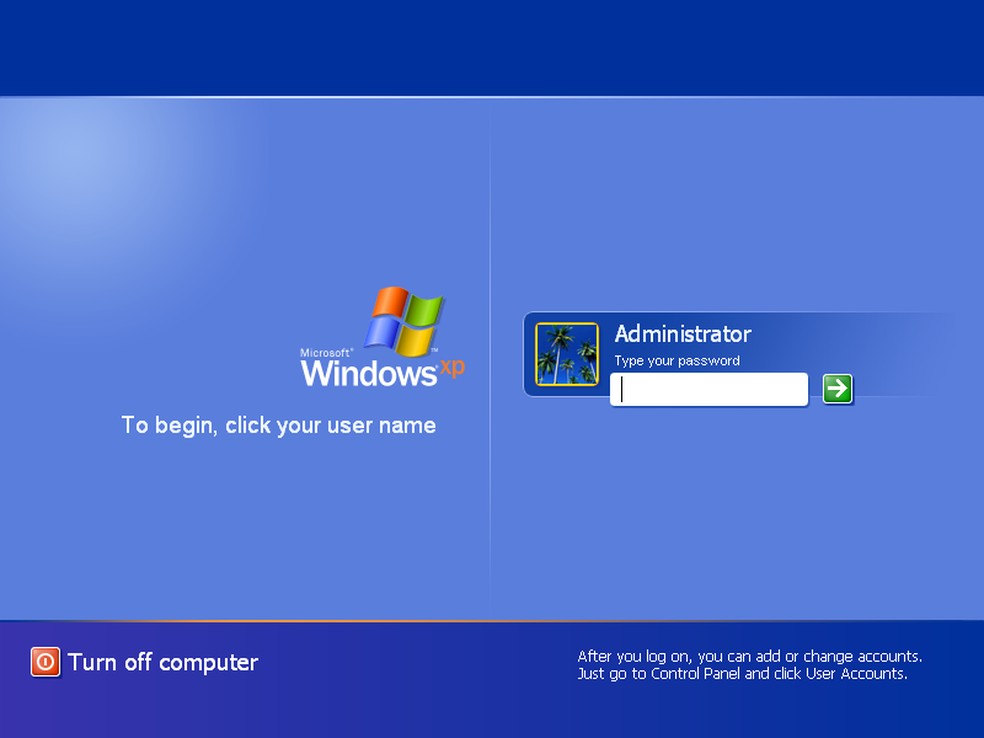 Tela de login do Windows XP exibia todas as contas criadas no sistema operacional — Foto: Reprodução